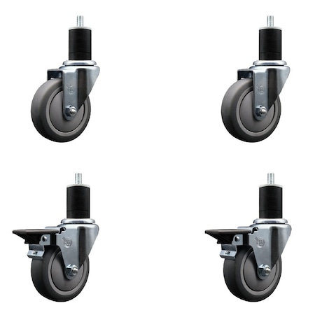 Service Caster 4'' Thermoplastic Rubber Wheel Swivel 1-3/4'' Expanding Stem Caster Set 2 Brakes, 4PK SCC-EX20S414-TPRB-2-PLB-2-134